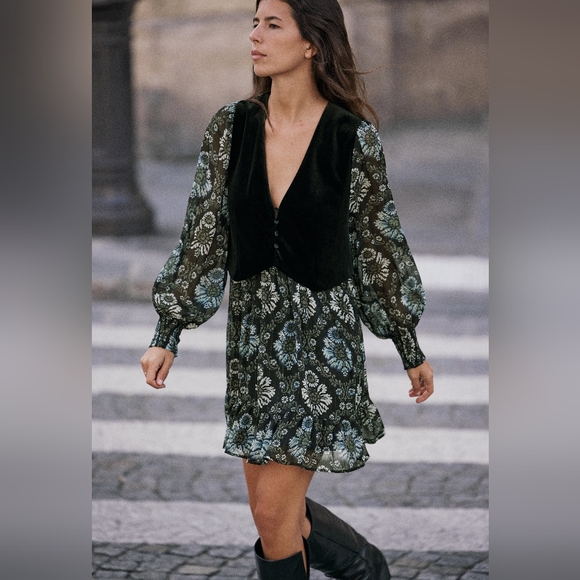 Zara printed mini dress with velvet vest - Picture 7 of 13